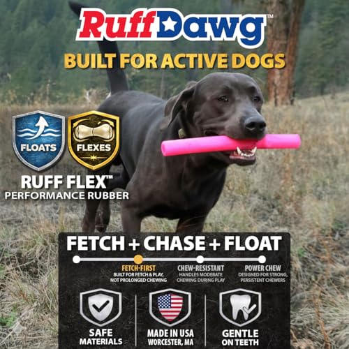 Ruff Dawg Fetch Stick Dog Toy – (1 pc) Assorted Colors – Durable Rubber Throw & Tug Toy with Treat Slot – Floats, Bendable & Puncture Resistant – BPA & Latex Free – Made in USA