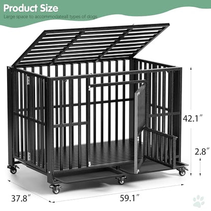 Heavy Duty Dog Crate, Indestructible Large Dog Crate with Escape Proof, High Anxiety Dog Kennel Indoor with Lockable Wheels. (60in) - size: 60in