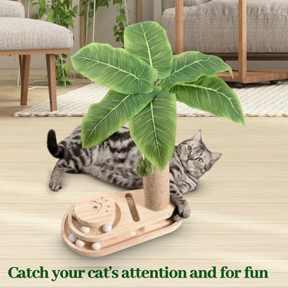 Meowoou Cat Scratching Post Cat Scratcher Interactive Toy with Dangling Ball for Indoor Kitten 2 Layer Base Wooden Ball Track 17.7" Tall Modern Sisal Scratch Pole - size: 18 in Ball Track