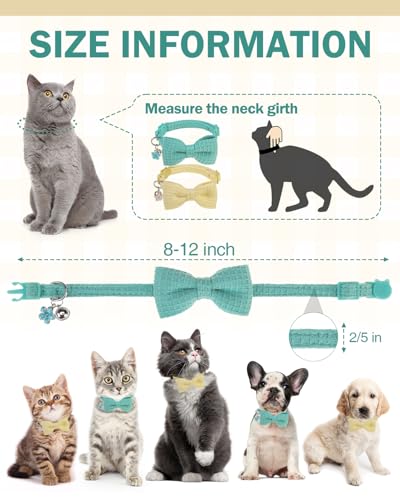 Cat Collar Breakaway with Bells, Soft Cotton Cat Bowtie Collar for Girl Boy Cats, Small Cats Collar with Bow for Spring Summer, 2 Pack Cute Kitten Collars with Removable Bowtie 8-12Inch - color: Green + Beige