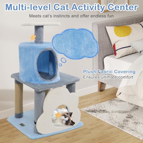 PETSITE 31.5-inch Cute Cat Tree, Multi-Level Small Cat Tree with Scratching Posts, Condo, Star-Shaped Dangling Toys, and Top Perch, Star, Moon & Cloud Elements Mixed, Ideal for Indoor Cats (Blue) - color: Blue