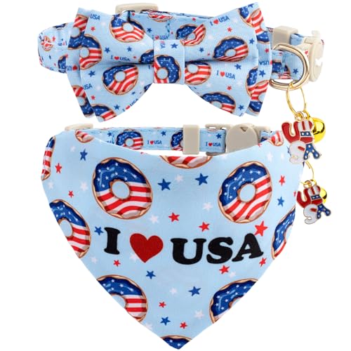 Faygarsle 2 Pack Patriotic Cat Collar Set with Bandana and Bow Tie, USA Flag Donuts Pattern, Light Blue - color: Blue Flag