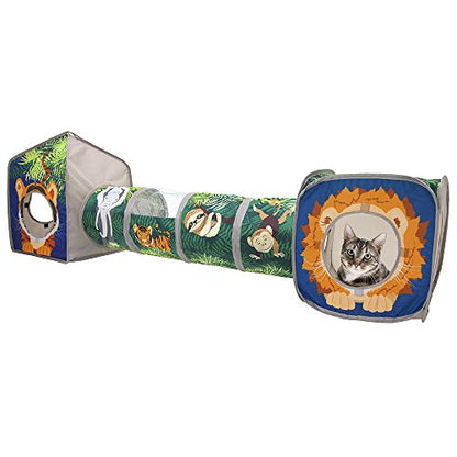 Kitty City Safari Jungle Cat Play Set, Collapsible Pop-Up Cat Toys Combo with Cube, Tunnel & Hideout, Interactive Indoor Cat Playhouse for Exercise, Hiding & Lounging - color: A) Safari Jungle Play Combo