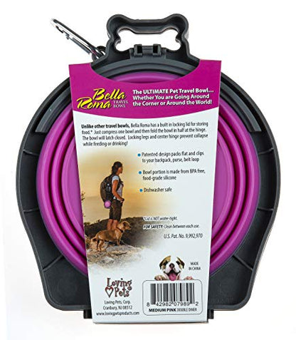 Loving Pets - Bella Roma Double Diner Portable Travel Dog Bowls Collapsible Combined Dog Food & Water Bowls (Pink, Medium) - color: Pink, size: Medium Travel Double Diner
