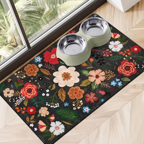 Dog Food Mats for Floors, Absorbent Quick Dry Pet Cat Food Mat, Dog Bowl Mats for Food and Water Dispenser Mat, Eco-Friendly Dog Accessories Pet Supplies 12"x20" - color: Floral Black, size: S(12"×20")