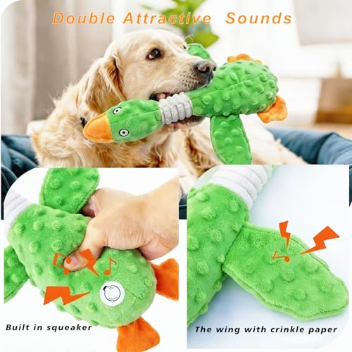 Squeaky Dog Toys for Aggressive Chewers, Durable Stuffed Animal Plush Dog Toy with Soft Fabric for Large, Medium & Small Dogs, Interactive Puppy Chew Toy for Teething, Crinkle Duck Dog Toy - Green - color: GREEN