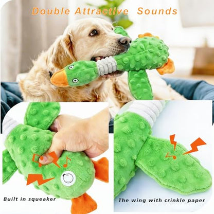 Squeaky Dog Toys for Aggressive Chewers, Durable Stuffed Animal Plush Dog Toy with Soft Fabric for Large, Medium & Small Dogs, Interactive Puppy Chew Toy for Teething, Crinkle Duck Dog Toy - Green - color: GREEN