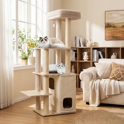 Tangkula Tall Cat Tree, 63 Inch Multi-Level Wood Cat Tower with Sisal Scratching Posts & Mat, 2-Story Condo, Plush Padded Top Perch, Dangling Ball, Modern Cat Tree Tower for Indoor Cats Large Adult - size: 63 Inch