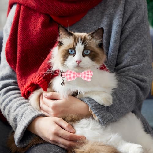 Sliverdew 2 Pcs Kitten Bow Tie Collar with Bell Cute Cat Collar for Girl Boy Cats Breakaway Cat Collars Adjustable Small Puppy Safety Collar Solid Color Plaid Pet Collar (Pink) - color: pink