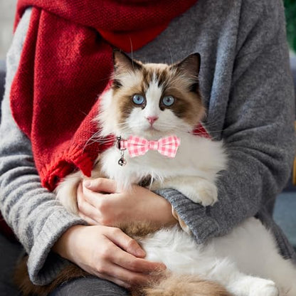 Sliverdew 2 Pcs Kitten Bow Tie Collar with Bell Cute Cat Collar for Girl Boy Cats Breakaway Cat Collars Adjustable Small Puppy Safety Collar Solid Color Plaid Pet Collar (Pink) - color: pink