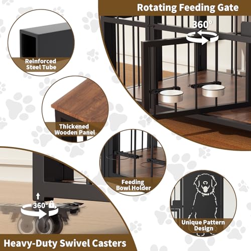 JUNEU 42'' Dog Crate Furniture, Easy Assembly Dog Kennel Indoor, Collapsible Heavy Duty Dog Crate for Medium/Large Dog(35-60 lb), Wooden Corner Dog Crate with Wheels & Adjustable Bowl Holders
