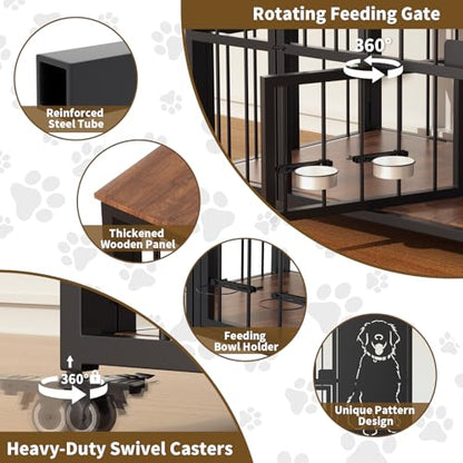 JUNEU 42'' Dog Crate Furniture, Easy Assembly Dog Kennel Indoor, Collapsible Heavy Duty Dog Crate for Medium/Large Dog(35-60 lb), Wooden Corner Dog Crate with Wheels & Adjustable Bowl Holders