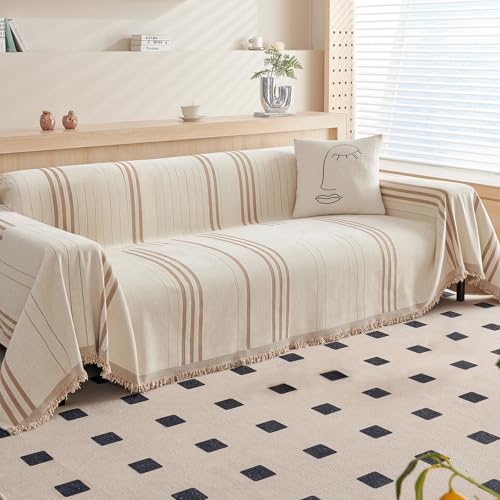 Couch Cover Washable Chenille Sofa Protector for Pet Kids Beige Coffee Loveseat Couch Covers for 2 Cushion Couch Stripe Jacquard Versatile Sofa Throw Slipcover for Futon Couch, 71"x102" - color: A0# Beige/Coffee - Striped, size: XX-Medium 71" x 102"