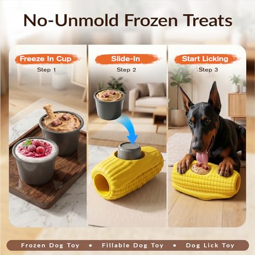 XL 3-in-1 Corn-Shaped Frozen Treat Dog Toy, No-Transfer Fill & Freeze Lick Cup, Stuffable Lick Toy & Tough Chew Toy for Aggressive Chewers, Long-Lasting Enrichment