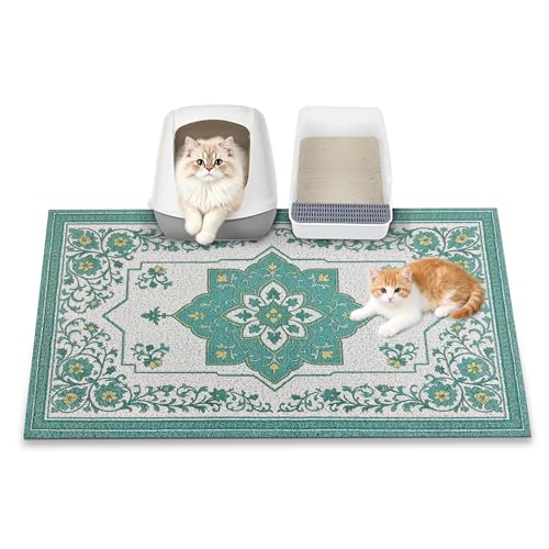 Cat Litter Mat, 35" x 23" Litter Box mat, Traps 100% Litter, Non-Slip Kitty Litter Trapping mats, Large Cute Litter mat, Easy Clean for Scatter Control, Bohe cat Food mat, Urine Waterproof - color: Green Forest, size: Large（35"x23"）