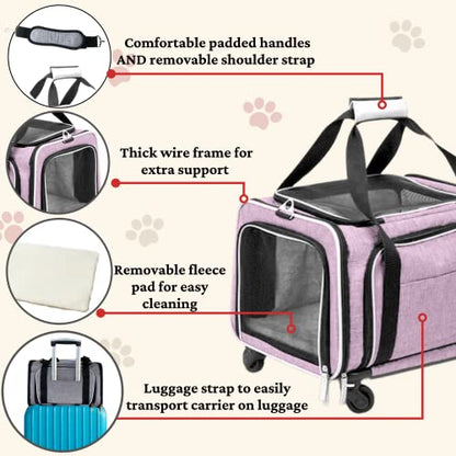 RUFF LIFE 101 Airline Approved Expandable Premium Pet Carrier on Wheels- Two Sided Rolling Carrier- Designed for Dogs & Cats- Extra Spacious Soft Lined Carrier! - Pink (RL-PET-CARRIER-WHEELS) - color: PINK
