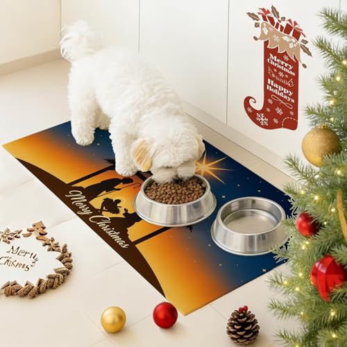 HOMETITUTE Christmas Nativity Scene Pet Food Mats Jesus Birth Design Non-Slip Pet Feeding Mat Easy Clean Fast Dry Mat for Dog Food and Water Bowls 20" x 12"Christmas Absorbent Pets Bowl Mat - color: black