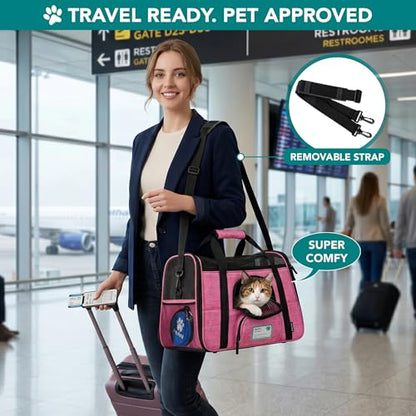 PetAmi Airline Approved Pet Carrier for Cats & Small Dogs, Soft Sided TSA Travel Carrier Bag Sherpa Bed, Breathable Mesh Ventilation, Collapsible Bowl, Fit Under Seat, Up to 18 lbs, Small Heather Pink - color: Heather Pink, size: Small - 17"L x 10.2"W x 1