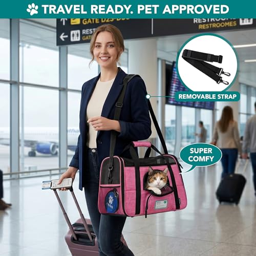 PetAmi Airline Approved Pet Carrier for Cats & Small Dogs, Soft Sided TSA Travel Carrier Bag Sherpa Bed, Breathable Mesh Ventilation, Collapsible Bowl, Fit Under Seat, Up to 18 lbs, Large Heather Pink - color: Heather Pink, size: Large - 19.5"L x 10.2"W x