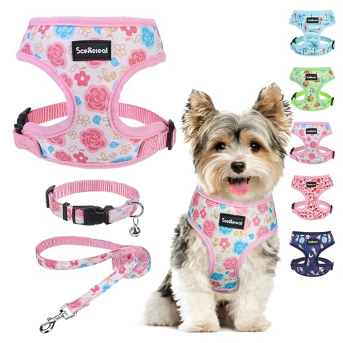SCENEREAL Small Dog Harness Collar and Leash Set, Adjustable No Pull Pet Harnesses, No Chock Soft Mesh Vest for Doggie Puppy Medium Dogs Cats Girl or Boy,Chihuahua, Yorkie, Outdoor Walking - color: Pink-Floral (With Collar), size: XS: Chest Girth: 10"-14"