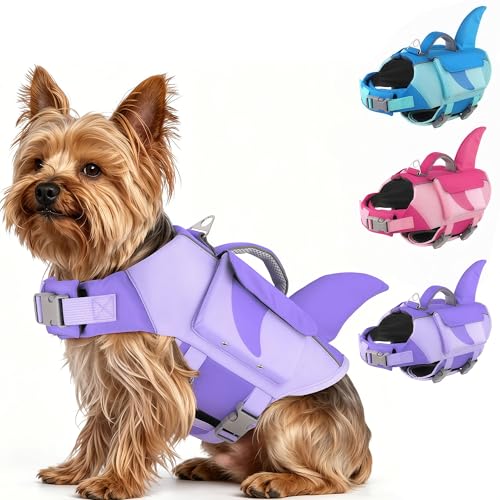 Dog Life Jacket Shark– High Flotation Dog Life Vest with Reflective Stripes, Pet Swimming Vest with Rescue Handle for Small Medium and Large Dogs, Suitable for Swimming & Boating – Purple S - color: Purple, size: Small