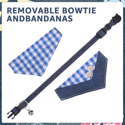 SCENEREAL Breakaway Cat Collar with Bandana Bell, Cute Cat Bandana Collar with Removable Bow Tie for Cats Puppy Kittens Small Dogs, Blue Plaid - color: Blue Plaid