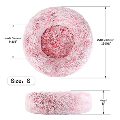 Calming Donut Dog Bed for Small to Medium Dogs & Cats - Plush Faux Fur Anti-Anxiety Pet Bed with Machine Washable Cover & Non-Slip Base - color: Gradient Pink, size: Small 19.6''