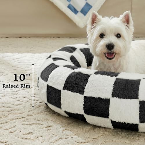 Ohocut Checkered Dog Bed, Cute Black White Retro Style Aesthetic Round Warming Pet Calming Beds for Small Dog and Cats, Plush Cozy Donut Dog Beds Washable, 30" L x 30" W x 8" Th - color: Black, size: 30"L x 30"W x 8"Th