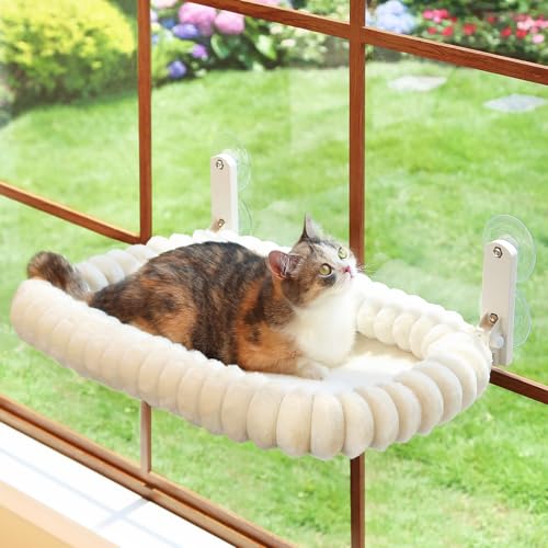 Zakkart SnugCloud Foldable Cat Window Perch - Cordless, Ultra Soft Machine Washable Bed with 4-Sided Bolster, Metal Frame - Window Hammock for Large Cats and Kittens (Cream White, Large) - color: Cream White, size: Large (24.8"x15.7")