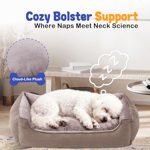 Rectangle Dog Bed for Medium Size Dog with Removable Washable Cover Pet Bed with Bolster Sides Non-Slip Bottom Pet Sofa Waterproof Lining Durable Pet Cuddler, Light Brown, 25x 20x 6.7 in - color: Light Brown, size: 24"L x 20"W x 6.7"Th
