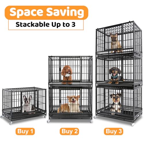Homey Pet 37 Inch Heavy Duty Dog Crate Indestructible, Collapsible Dog Cage with Lockable Wheels, Removable Tray, High Anxiety Dog Kennel Indoor, Three Tiers Stackable Dog Crates for Medium Dogs - size: 37"L - 3 Tiers