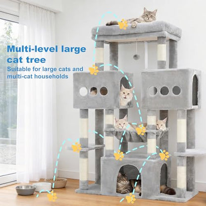Hey-brother Cat Tree Tower, Large Sisal Scratching Posts with Big Platform, 3 Spacious Condos, Plush Hammock, Toy, 57.5 Inches Multi-Level Furniture for Indoor Adults Maine Coon, Light Gray MPJ083W - color: Light Gray