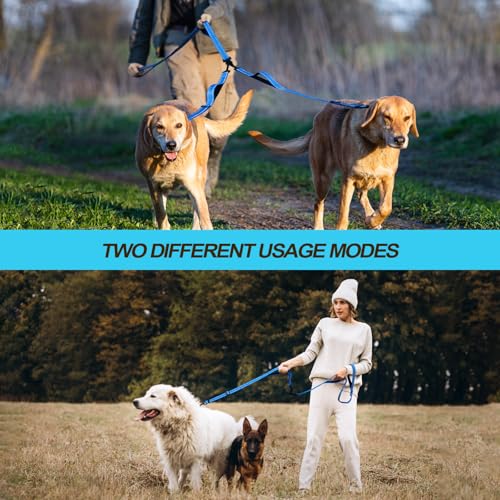 Double Dog Leash, No Tangle Dual Leash, Reflective Walking Training Lead, 4 Comfortable Padded Handles for 2 Dogs with Collapsible Bowl and Waste Bags (Light Blue, Large) - color: Light Blue