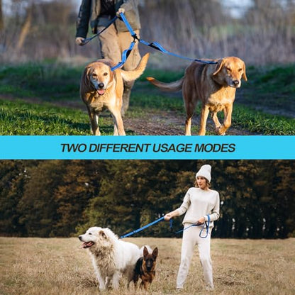 Double Dog Leash, No Tangle Dual Leash, Reflective Walking Training Lead, 4 Comfortable Padded Handles for 2 Dogs with Collapsible Bowl and Waste Bags (Light Blue, Large) - color: Light Blue
