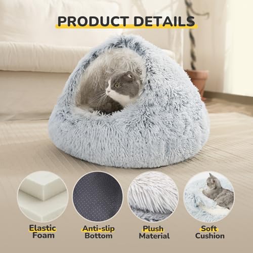 CATISM Cozy Cat Pod - Plush Hooded Cat Bed Cave, Self Warming, Removable Washable with Non-Slip Bottom - color: gray, size: 21.0"L x 21.0"W x 15.0"Th