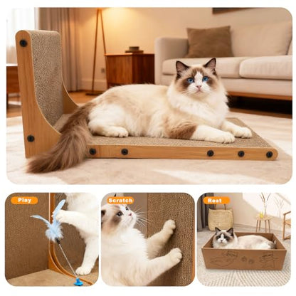 Goosheep Cat Scratching Post, 3-in1 Scratching Board for Indoor Cats, 2PK 22in L-Shaped Cat Scratcher with 1PK Cardboard Box Scratch Pad, Cats Scratch Furniture Protector with Feathered Toy - color: 2pk 22in L-Shape Cat Scratcher with Box