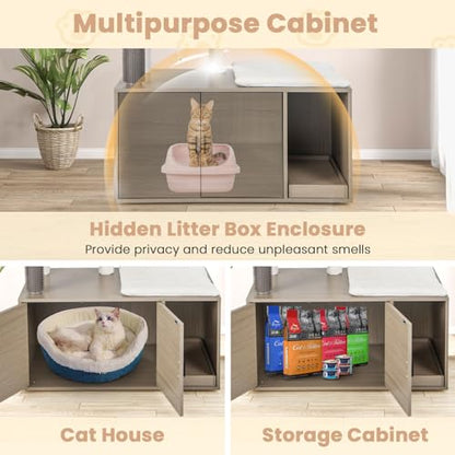 Tangkula Cat Tree with Litter Box Enclosure, Cat Tower with Litter Box, Cat Condo, Scratching Board, Soft Plush Perch, Dangling Balls, Groomer, Modern Hidden Litter Box Furniture for Indoor Cats