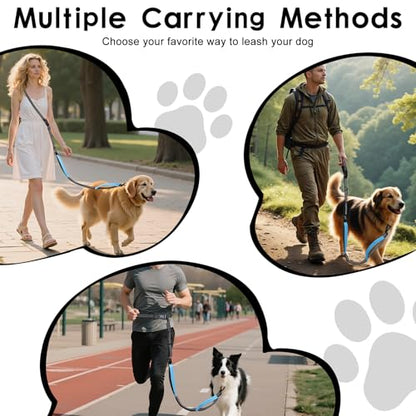 Hands Free Dog Leash, 8.2 FT Waist Leash for Walking, Jogging, Hiking, Adjustable Crossbody Belt with Double Padded Handles, Bungee Car Seatbelt Design for Medium Large Dogs, Black + Blue