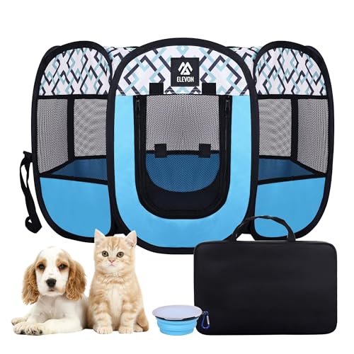 Elevon Portable Pet Playpen, Foldable Pet Playpen with Storage Bag, Pet Bowl and Detachable Sunshade, Indoor/Outdoor, Water-Resistant, Suitable for Medium-Sized Dogs and Various Small Pets, Blue - color: Blue