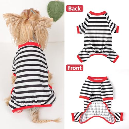 Dog Pajamas Pjs Stretchable Strip Dog Jumpsuit 4 Legs Pjs for Summer Dog Clothes Puppy Onesies Doggie Outfit (Black, Medium (Chest 15in)) - color: Black, size: Medium (Chest 15in )