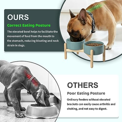 SPUNKYJUNKY Ceramics Raised Dog Bowls with Wooden Stand - Elevated Dog Feeding Set (Double 28.7OZ, Dark Green) - color: Dark Green (Double Bowls Set), size: Medium - 3.6 CUPS