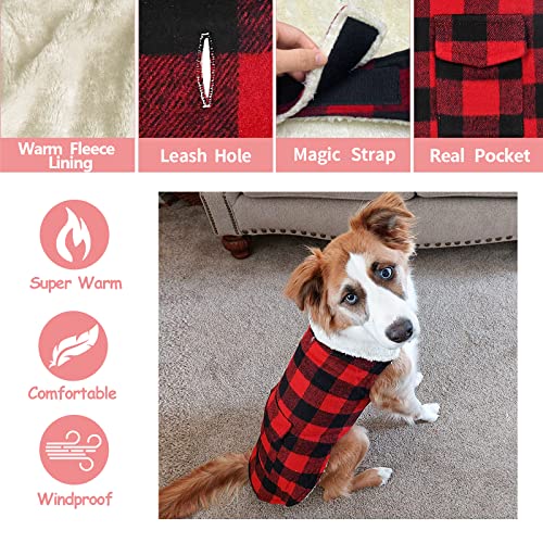 Classic Plaid Fleece Dog Coat - Warm Winter Jacket with Pocket, Windproof - Red, X-Small - color: Red, size: X-Small