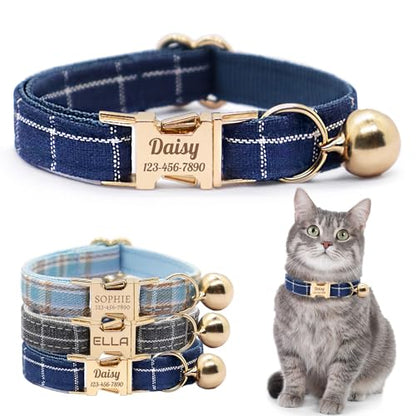 Personalized Plaid Cat Collar with Bell - Non-Breakaway Custom Polyester Kitten Collar with Engraved Name & Phone Number (Pattern 06, S (6.5-10.5 Inches)) - color: Pattern 06, size: S (6.5-10.5 Inches)