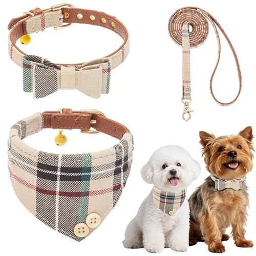 BINGPET Bow Tie Dog Collar with Leash Set - Cute Adjustable Classic Plaid Dog Bandana Collar with Bell, Fit for Small Dogs, Puppies and Cats Outdoor Walking - color: Beige, size: S(Neck Girth 9"-12")