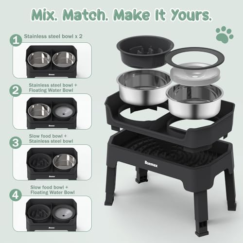 4 in 1 Adjustable Elevated Dog Bowls with 2*Stainless Steel Bowls, Anti-Spill Water Bowl, 4 Heights Raised Dog Bowl Stand for Small to Medium & Growing Large Puppies, Anti-Slip, Mess Proof Design - color: Black