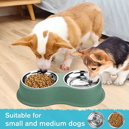 Epetslove Dog Bowls Double Dog Water and Food Bowls Stainless Steel Bowls with Non-Slip Resin Station, Pet Feeder Bowls for Puppy Medium Dogs Cats - color: 6.Green, size: Medium-18oz
