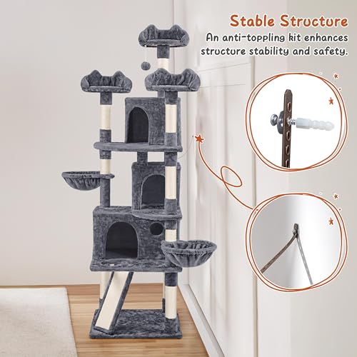 Yaheetech 76.5in Multi-Level Large Cat Tree, Big Cat Tower with 3 Condos, Cozy Plush Perches, 9 Sisal Scratching Posts and Ladder, Activity Center for Large Kitties, Dark Gray - color: Dark Gray