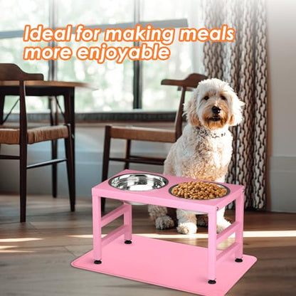 ADENGL Pink Metal Raised Dog Bowl Stand for Large Dogs, Stronger Elevated Dogs Bowls with Sprill Proof Mat, Food & Water Bowl 10in Tall Feeder (42OZ-Stainless Steel Dog Bowls, Mat-12x19 in) - color: Pink - L Silicone Dog Mat, size: Height-10inch