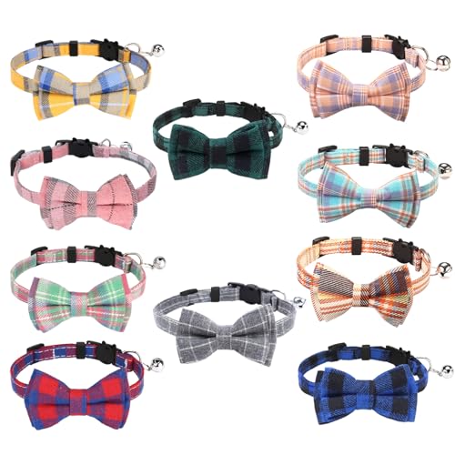 10 Pcs Cat Collar Breakaway with Bow Tie and Bell Kitten Collars Removable Bowtie Plaid Cat Collar for Cats Kittens Puppy (Classic) - color: Classic