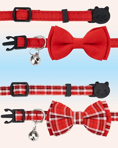 Cat Collar Breakaway Bowtie Safety with Bell Adjustbale Kitten Puppy Solid Plaid Color Set J-[2pcs] Red - color: J-[2pcs] Red